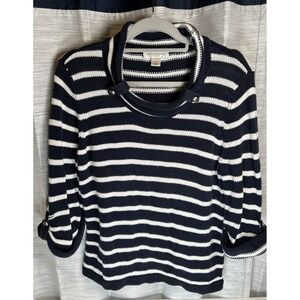 Petite Large Nautical Knit Sweater Cowl Neck Navy Blue & White Stripes